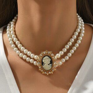 Cameo Rhinestones Faux Pearl Choker Necklace NEW Halloween Costume Cosplay Style